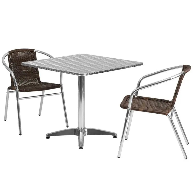 Skovde 3pcs Square 31.5'' Aluminum Table w/2 Dark Brown Rattan Chairs iHome Studio