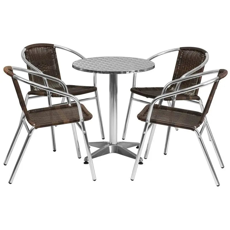 Skovde 5pcs Round 23.5'' Aluminum Table w/4 Dark Brown Rattan Chairs iHome Studio