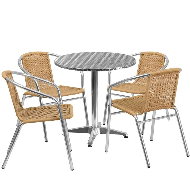 Skovde 5pcs Round 27.5'' Aluminum Table w/4 Beige Rattan Chairs iHome Studio
