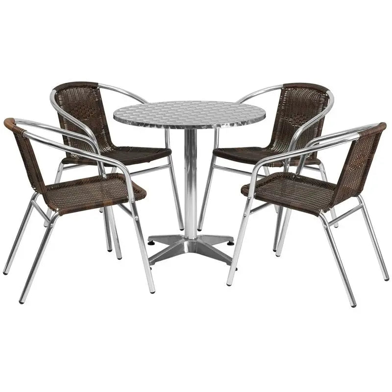 Skovde 5pcs Round 27.5'' Aluminum Table w/4 Dark Brown Rattan Chairs iHome Studio