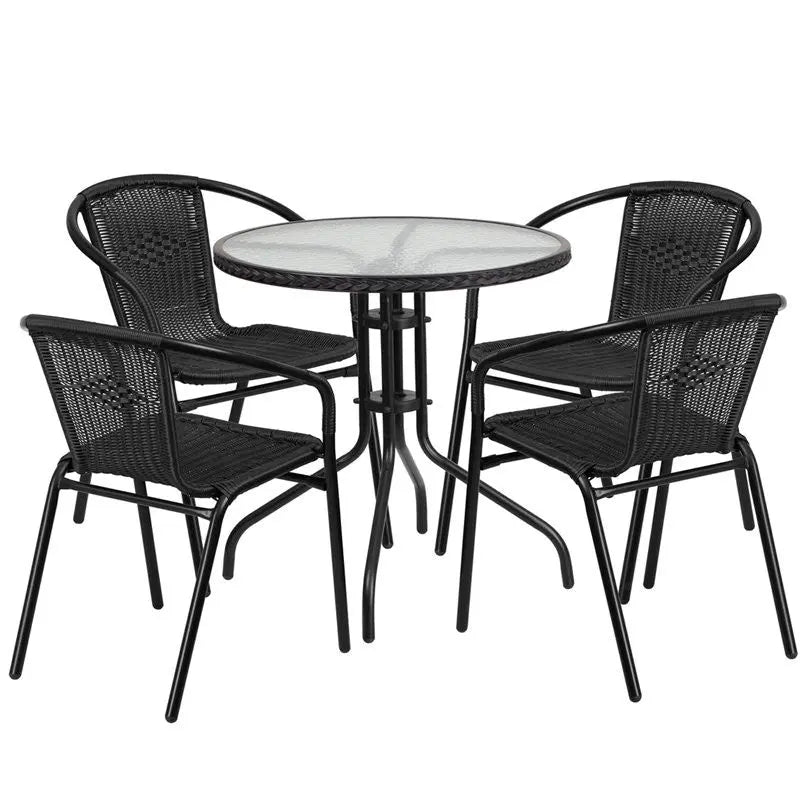 Skovde 5pcs Round 28'' Glass Metal Table w/4 Black Rattan Stack Chairs iHome Studio
