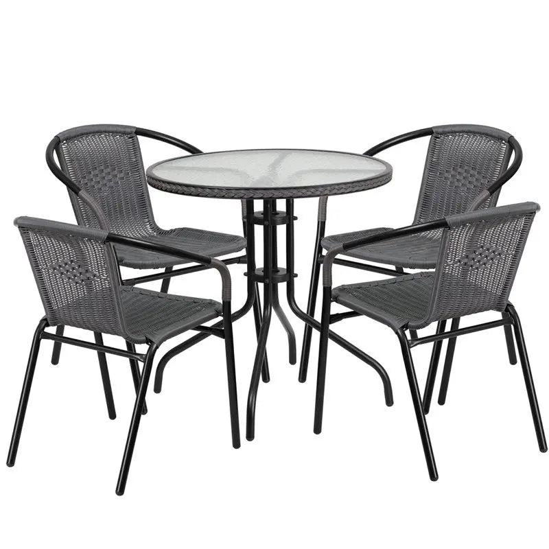 Skovde 5pcs Round 28'' Glass Metal Table w/4 Gray Rattan Stack Chairs iHome Studio