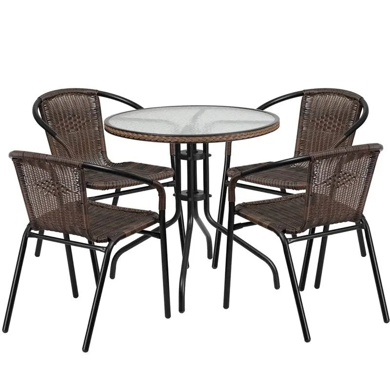 Skovde 5pcs Round 28'' Glass Metal Table w/4 Rattan Stack Chairs iHome Studio