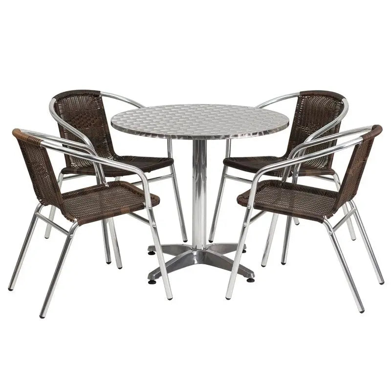 Skovde 5pcs Round 31.5'' Aluminum Table w/4 Dark Brown Rattan Chairs iHome Studio