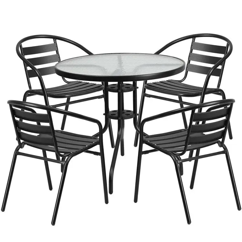 Skovde 5pcs Round 31.5'' Glass Metal Table w/4 Black Stack Chairs iHome Studio