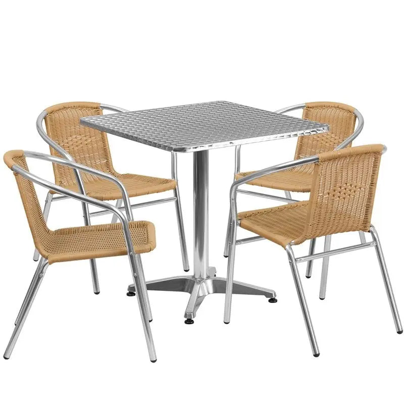 Skovde 5pcs Square 27.5'' Aluminum Table w/4 Beige Rattan Chairs iHome Studio
