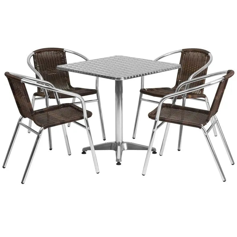 Skovde 5pcs Square 27.5'' Aluminum Table w/4 Dark Brown Rattan Chairs iHome Studio