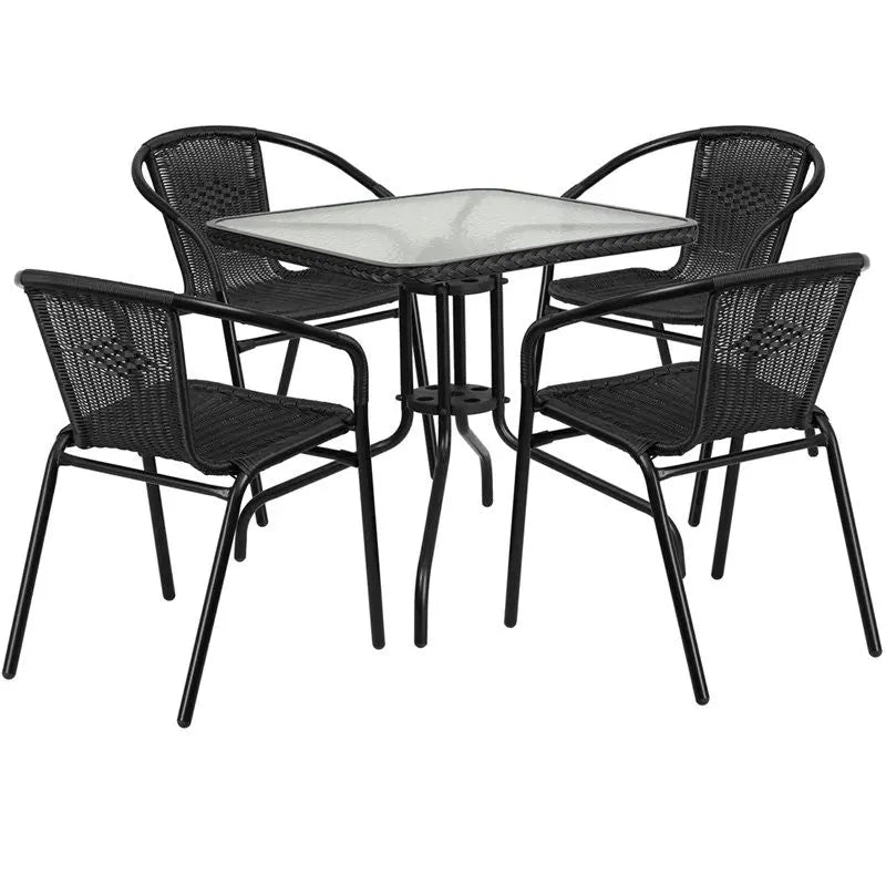Skovde 5pcs Square 28'' Glass Metal Table w/4 Black Rattan Stack Chairs iHome Studio