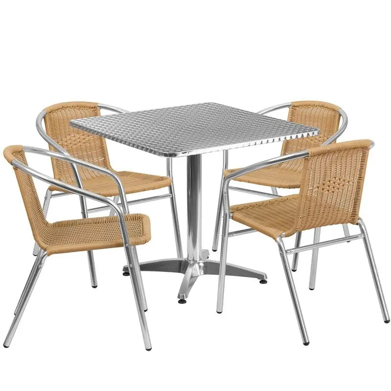 Skovde 5pcs Square 31.5'' Aluminum Table w/4 Beige Rattan Chairs iHome Studio