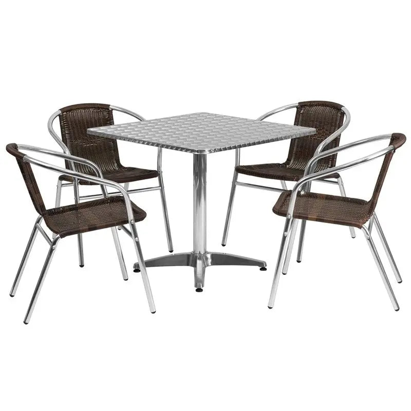 Skovde 5pcs Square 31.5'' Aluminum Table w/4 Dark Brown Rattan Chairs iHome Studio