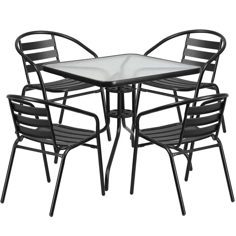 Skovde 5pcs Square 31.5'' Glass Metal Table w/4 Black Stack Chairs iHome Studio