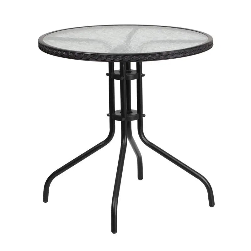 Skovde Round 28'' Tempered Glass Metal Table Black Rattan Edging for Patio/Bar iHome Studio