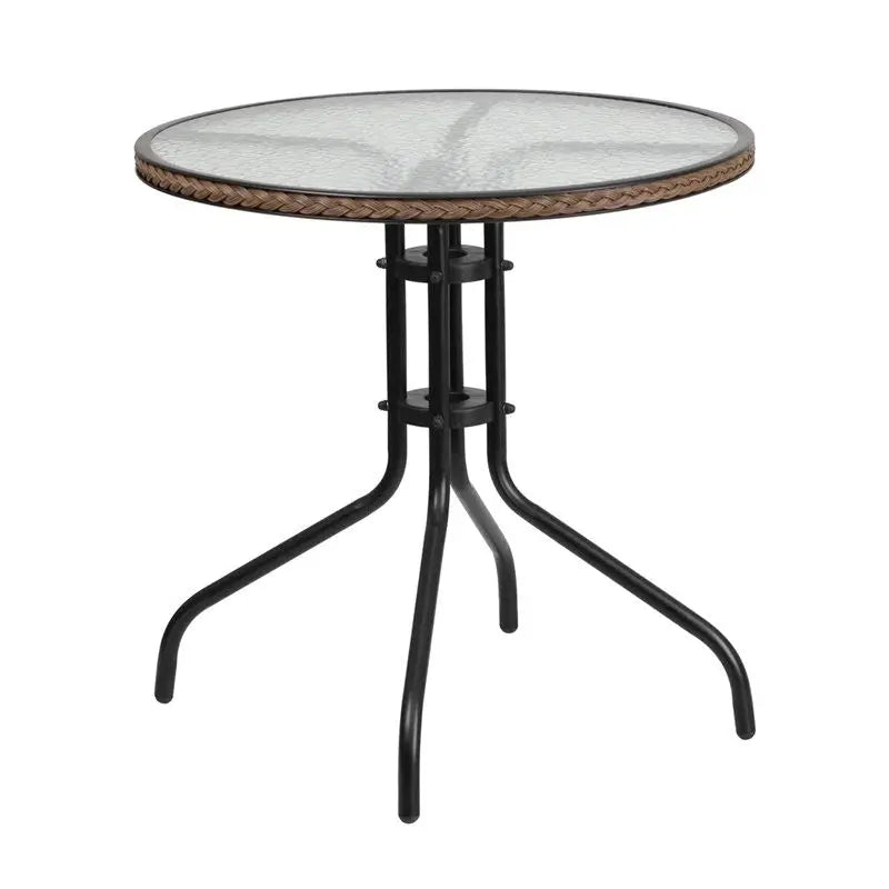 Skovde Round 28'' Tempered Glass Metal Table Dark Brown Rattan Edging for Patio/Bar iHome Studio