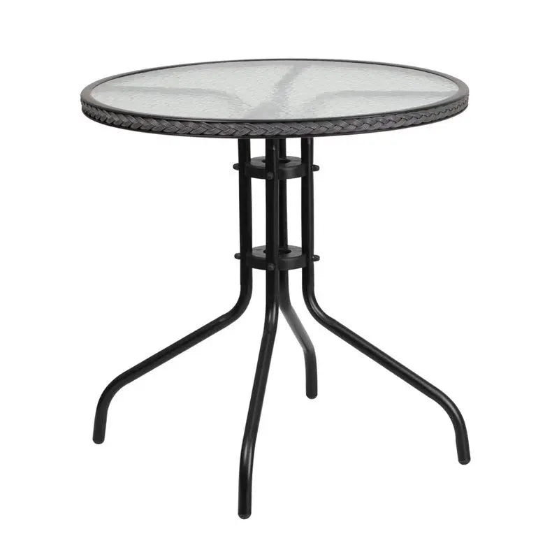 Skovde Round 28'' Tempered Glass Metal Table Gray Rattan Edging for Patio/Bar iHome Studio