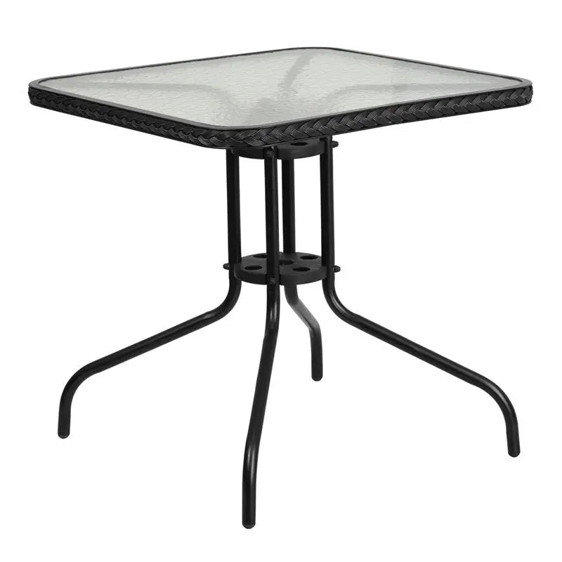 Skovde Square 28'' Tempered Glass Metal Table Black Rattan Edging for Patio/Bar iHome Studio