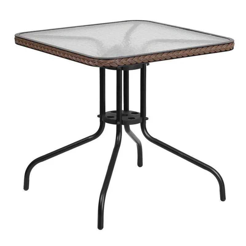 Skovde Square 28'' Tempered Glass Metal Table Dark Brown Rattan Edging for Patio/Bar iHome Studio