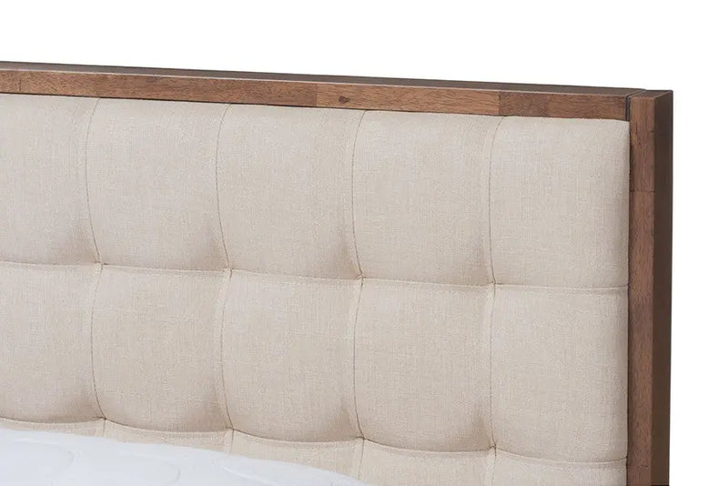 Soloman Light Beige Fabric & Walnut Brown Finished Wood Platform Bed (Queen) iHome Studio