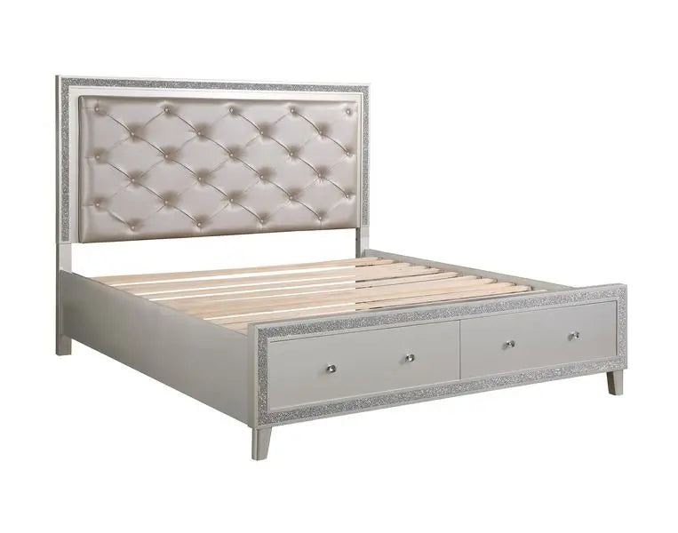 Solomon California King Bed w/Drawers, Faux Leather & Champagne Finish iHome Studio