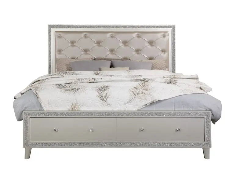 Solomon California King Bed w/Drawers, Faux Leather & Champagne Finish iHome Studio