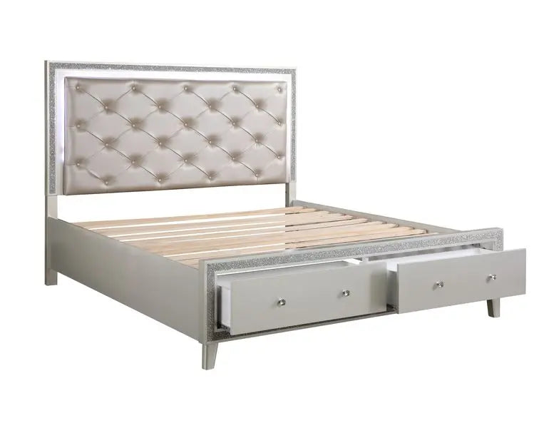 Solomon California King Bed w/Drawers, Faux Leather & Champagne Finish iHome Studio