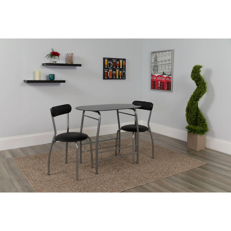 Sonya 3 Piece Bistro Set, Black Glass Top Table and Black Vinyl Padded Chairs iHome Studio