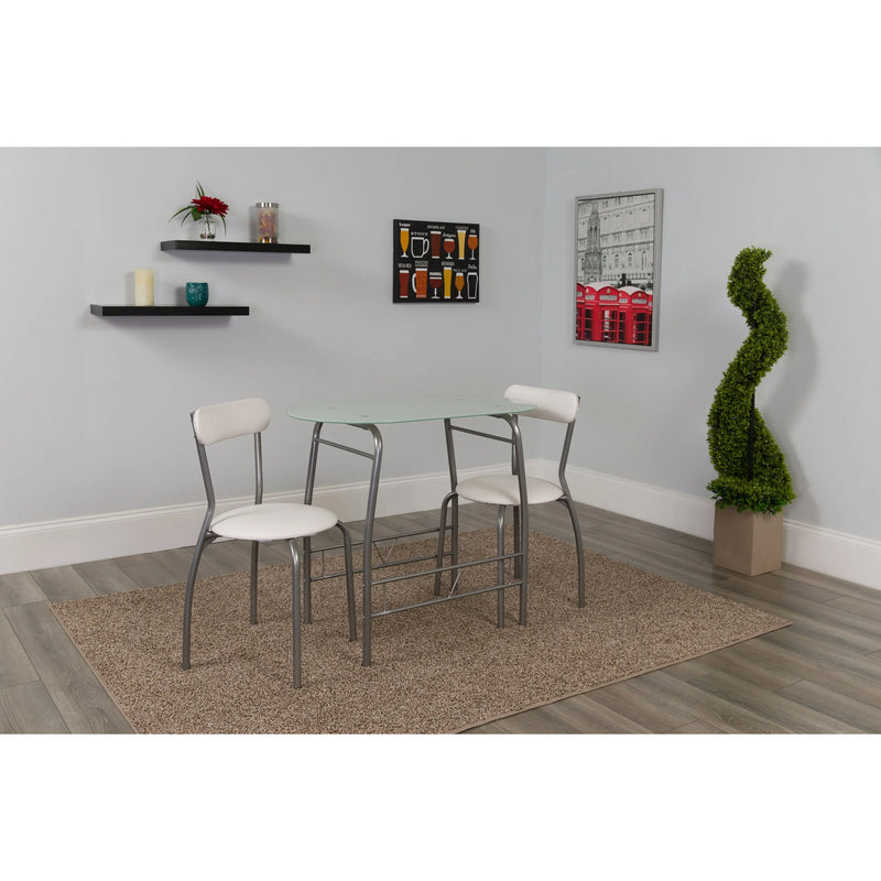 Sonya 3 Piece Bistro Set, White Glass Top Table and White Vinyl Padded Chairs iHome Studio