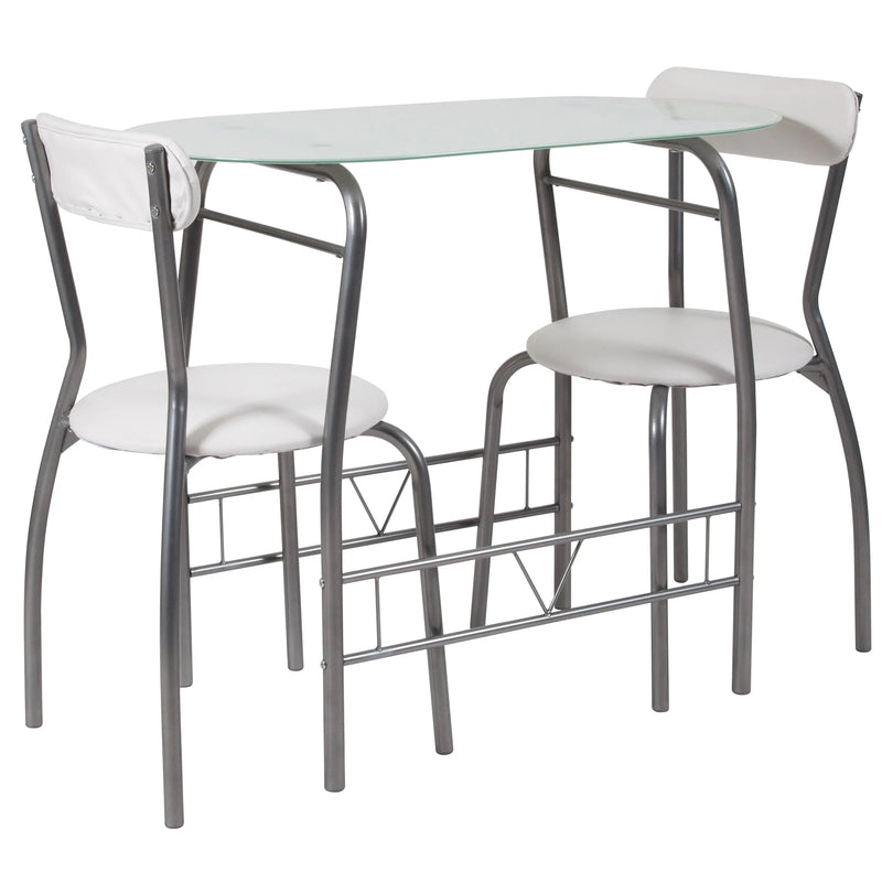 Sonya 3 Piece Bistro Set, White Glass Top Table and White Vinyl Padded Chairs iHome Studio
