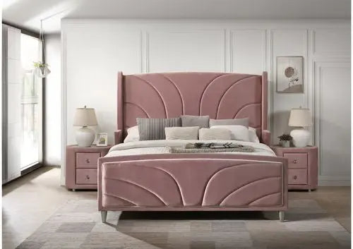 Stanley Fully Upholstered King Bed, Pink Velvet iHome Studio