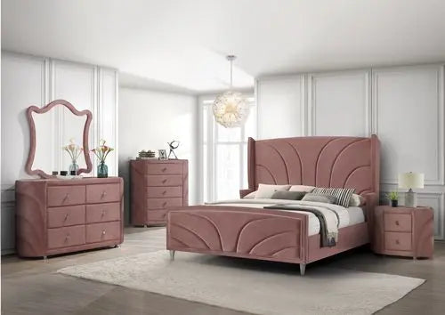 Stanley Fully Upholstered King Bed, Pink Velvet iHome Studio