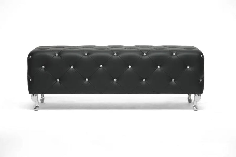 Stella Crystal Tufted Black Leather Modern Bench iHome Studio