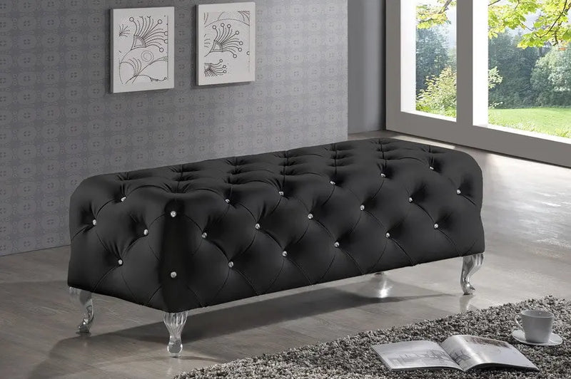 Stella Crystal Tufted Black Leather Modern Bench iHome Studio