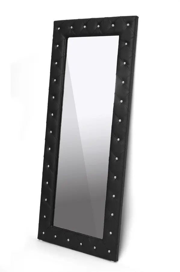 Stella Crystal Tufted Modern Black Faux Leather Floor Mirror iHome Studio