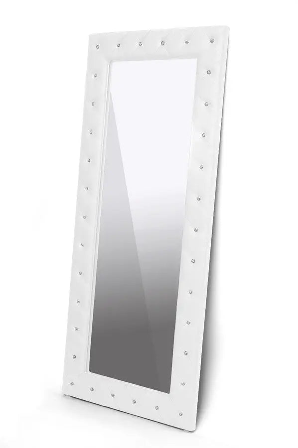 Stella Crystal Tufted Modern White Faux Leather Floor Mirror iHome Studio