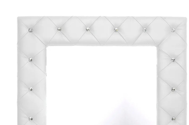 Stella Crystal Tufted Modern White Faux Leather Floor Mirror iHome Studio