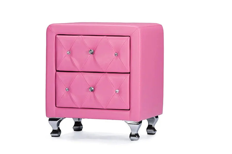 Stella Crystal Tufted Pink Leather Modern Nightstand iHome Studio