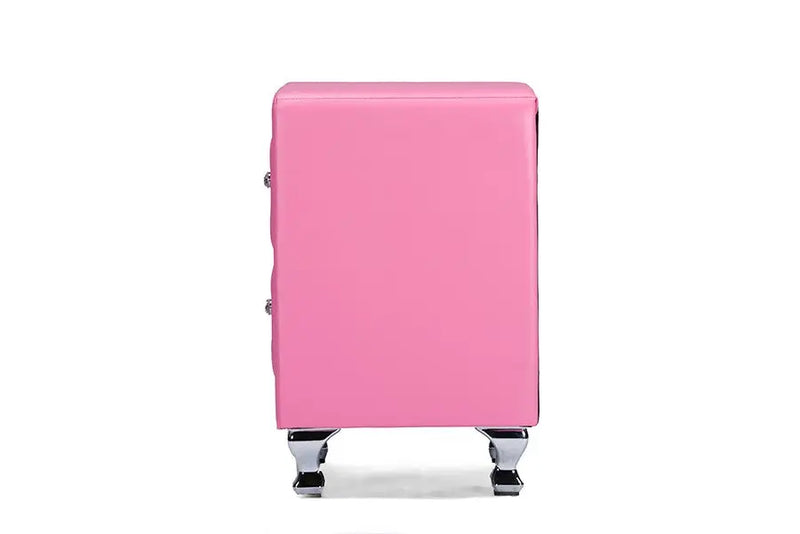 Stella Crystal Tufted Pink Leather Modern Nightstand iHome Studio