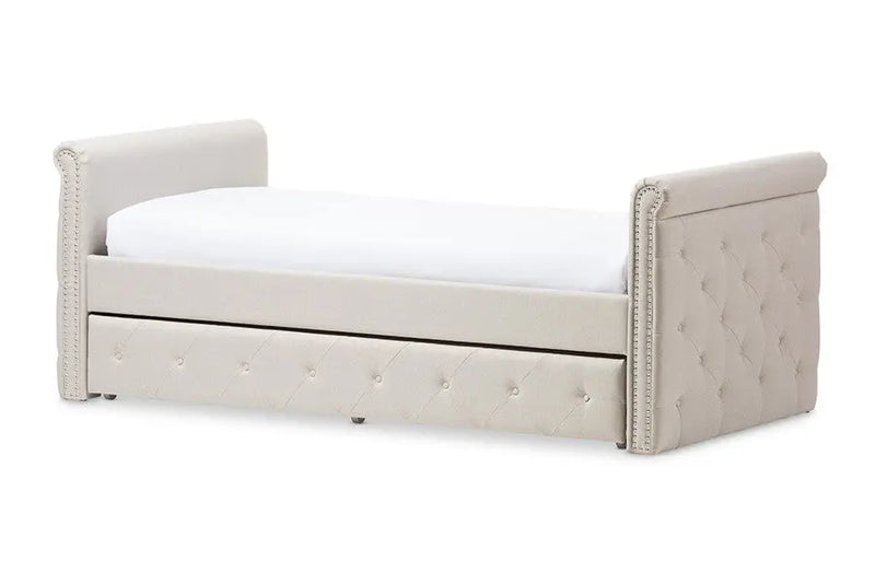 Swamson Beige Fabric Tufted Daybed w/Roll-out Trundle Guest Bed (Twin) iHome Studio