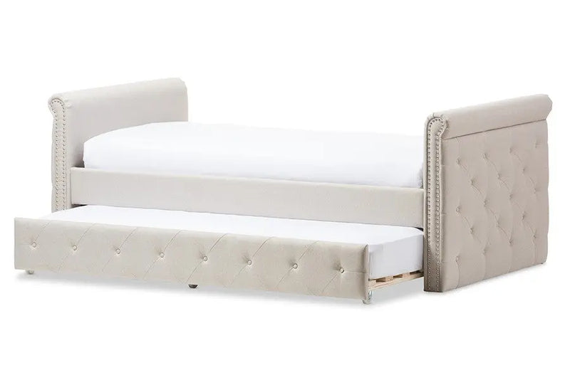 Swamson Beige Fabric Tufted Daybed w/Roll-out Trundle Guest Bed (Twin) iHome Studio