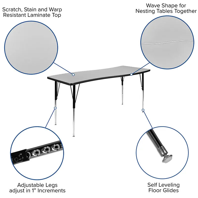 Sydney 26"W x 60"L Rectangle Wave Flexible Collaborative Thermal Laminate Activity Table - Standard Height Adjust Legs iHome Studio