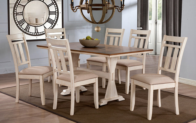 Norwalk Antique Oak Wood/Distressed White 7pcs Dining Set w/Trestle Base 60-Inch Fixed Top Dining Table iHome Studio