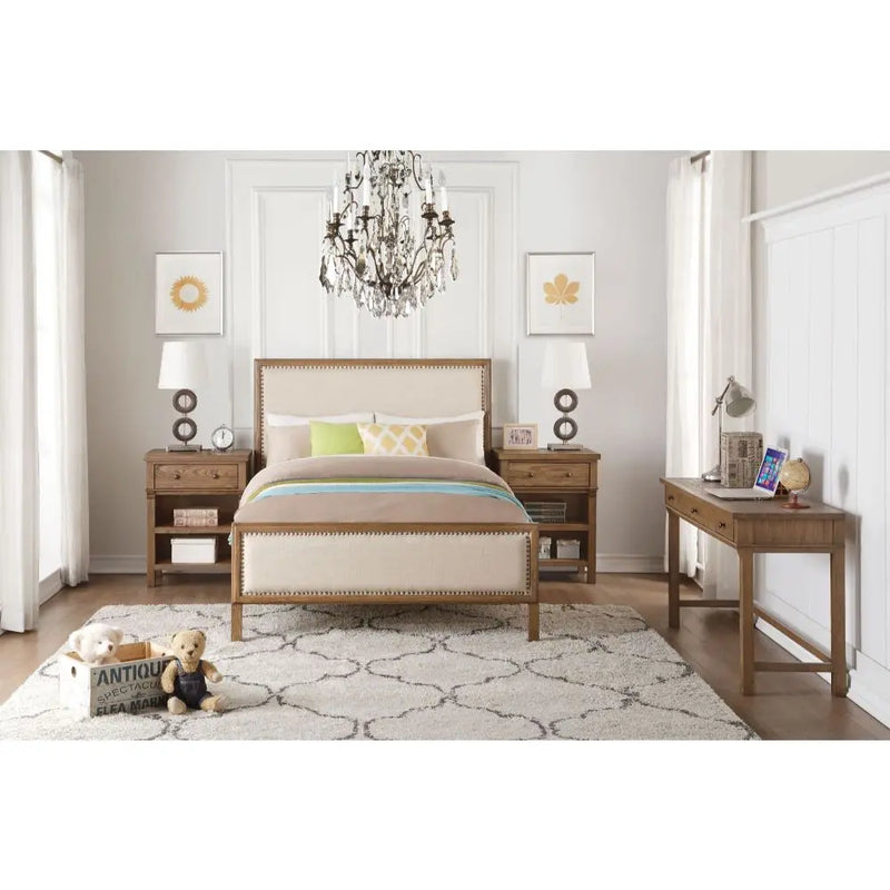 Theodora Full Bed, Beige Linen Padded & Reclaimed Oak iHome Studio