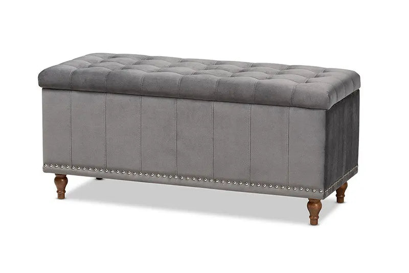 Theodore Grey Velvet Fabric Upholstered Button-Tufted Storage Ottoman Bench iHome Studio