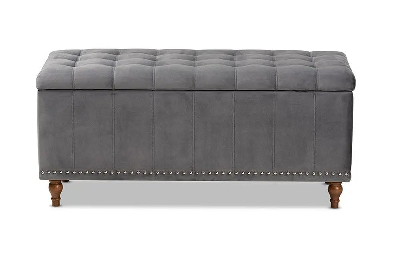 Theodore Grey Velvet Fabric Upholstered Button-Tufted Storage Ottoman Bench iHome Studio