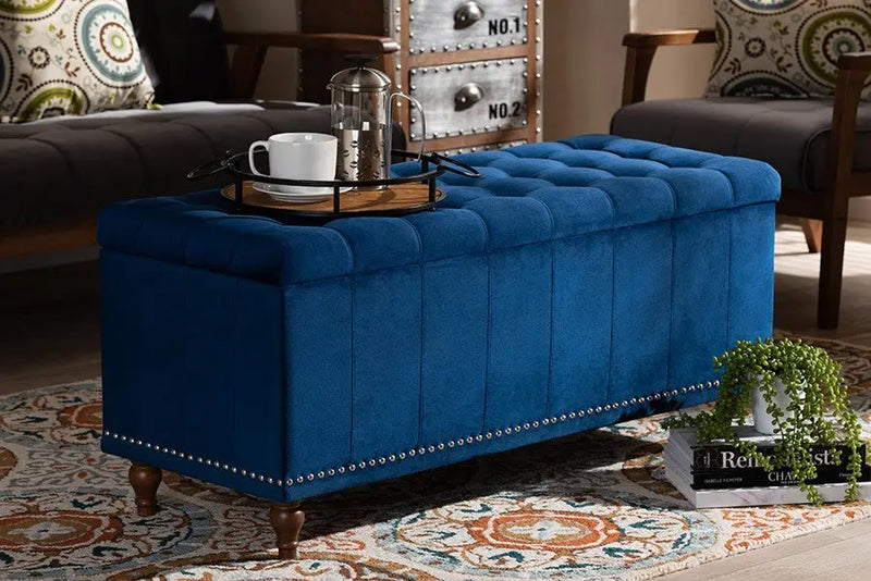 Theodore Navy Blue Velvet Fabric Upholstered Button-Tufted Storage Ottoman Bench iHome Studio