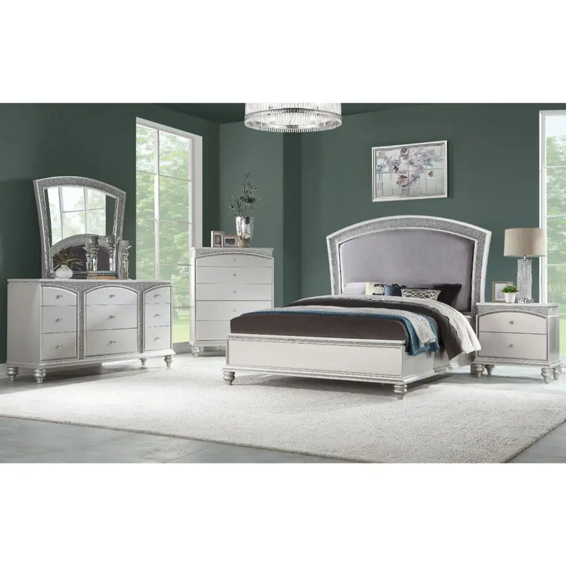 Theodore Queen Bed w/Rhinestone Inlay Headboard, Fabric & Platinum iHome Studio