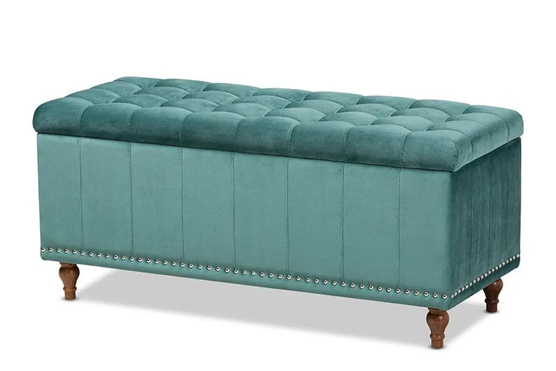 Theodore Teal Blue Velvet Fabric Upholstered Button-Tufted Storage Ottoman Bench iHome Studio