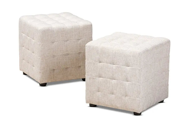 Thomas Beige Fabric Upholstered Tufted Cube Ottoman iHome Studio