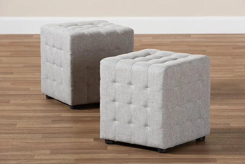 Thomas Greyish Beige Fabric Upholstered Tufted Cube Ottoman iHome Studio