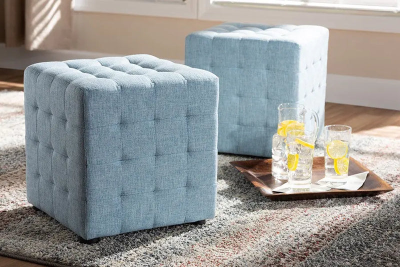 Thomas Light Blue Fabric Upholstered Tufted Cube Ottoman iHome Studio