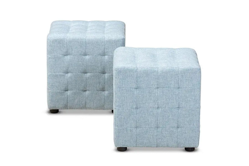 Thomas Light Blue Fabric Upholstered Tufted Cube Ottoman iHome Studio